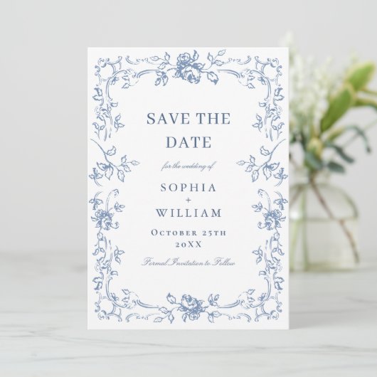 Renaissance Bloemen Dusty Blue Wedding Save The Date (Staand voorkant)