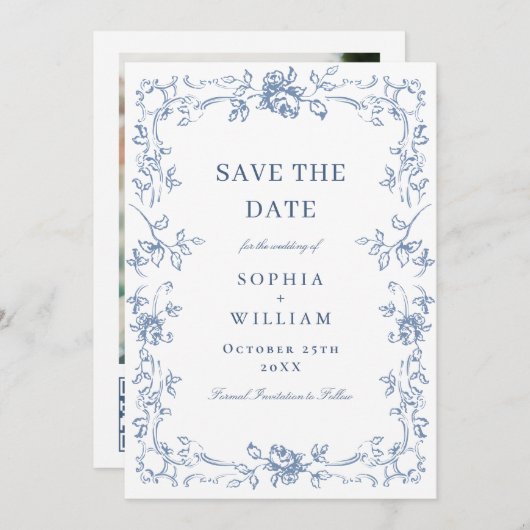 Renaissance  Bloemen Dusty Blue Wedding Save The Date (Voorkant / Achterkant)