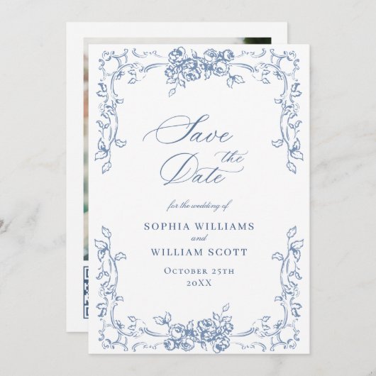 Renaissance Bloemen Dusty Blue Wedding Save The Date (Voorkant / Achterkant)