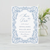 Renaissance  Bloemen Dusty Blue Wedding Save The Date (Staand voorkant)