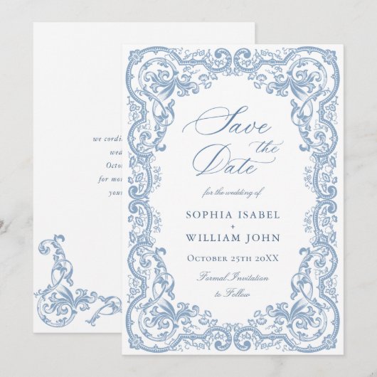 Renaissance  Bloemen Dusty Blue Wedding Save The Date (Voorkant / Achterkant)