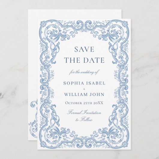 Renaissance  Bloemen Dusty Blue Wedding Save The Date (Voorkant / Achterkant)