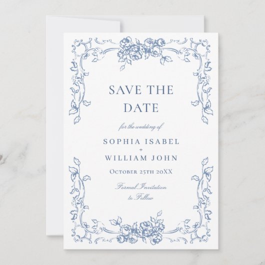 Renaissance  Bloemen Dusty Blue Wedding Save The Date (Voorkant)