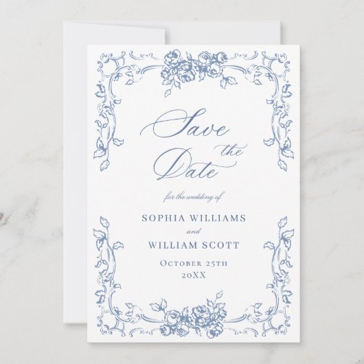 Renaissance  Bloemen Dusty Blue Wedding Save The Date (Voorkant)