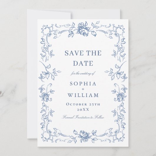 Renaissance Bloemen Dusty Blue Wedding Save The Date (Voorkant)