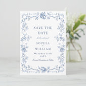 Renaissance Bloemen Dusty Blue Wedding Save The Date (Staand voorkant)