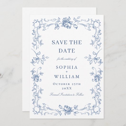Renaissance  Bloemen Dusty Blue Wedding Save The Date (Voorkant / Achterkant)