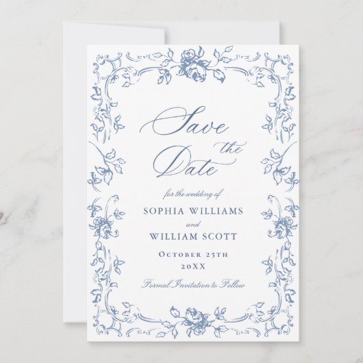 Renaissance Bloemen Dusty Blue Wedding Save The Date (Voorkant)
