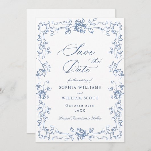 Renaissance  Bloemen Dusty Blue Wedding Save The Date (Voorkant / Achterkant)