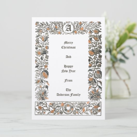 Renaissance Bloemengranaatappel Houtblok Kerstmis Feestdagenkaart (Staand voorkant)