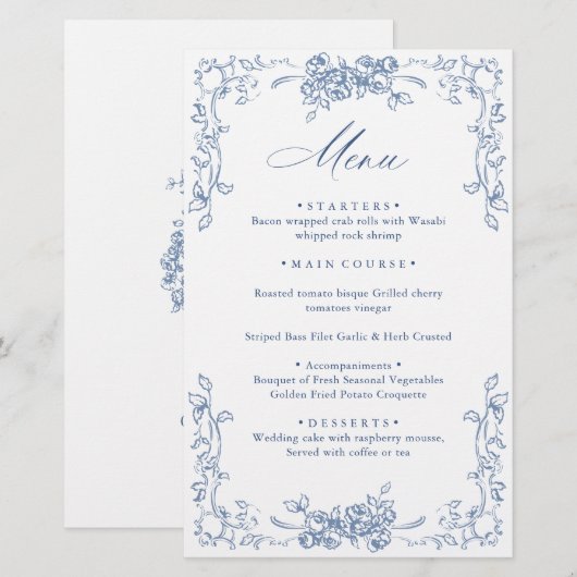 Renaissance Dusty Blue Floral Wedding Menu (Voorkant / Achterkant)