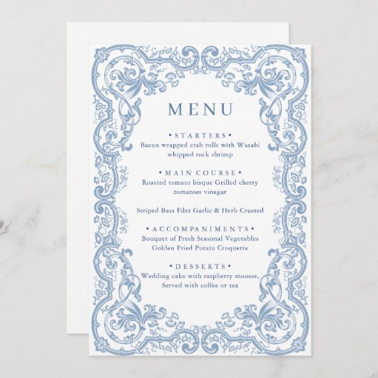 Renaissance Dusty Blue Floral Wedding Menu (Voorkant / Achterkant)