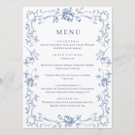 Renaissance Dusty Blue Floral Wedding Menu (Voorkant)