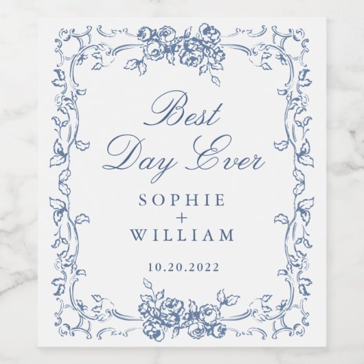 Renaissance  Dusty Blue Floral Wedding Wijn Etiket (Enkel label)