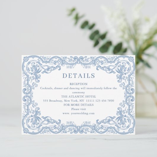Renaissance  Dusty Blue Wedding Details Informatiekaartje (Staand voorkant)