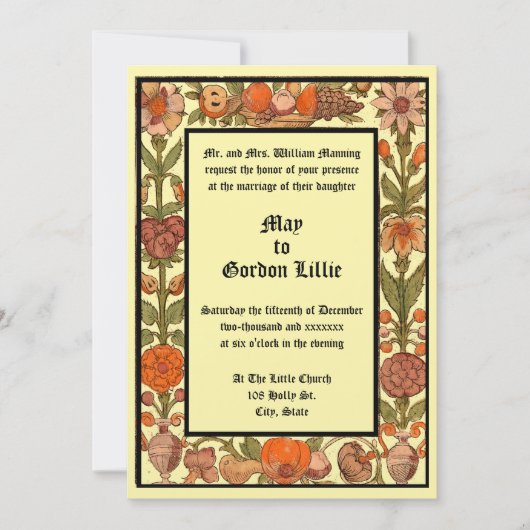 Renaissance Era Fruit & Floral Woodcut Wedding Kaart (Voorkant)