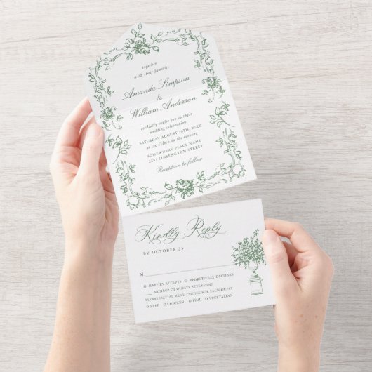 Renaissance Floral Sage Green Wedding All In One Uitnodiging (Afscheurbaar)