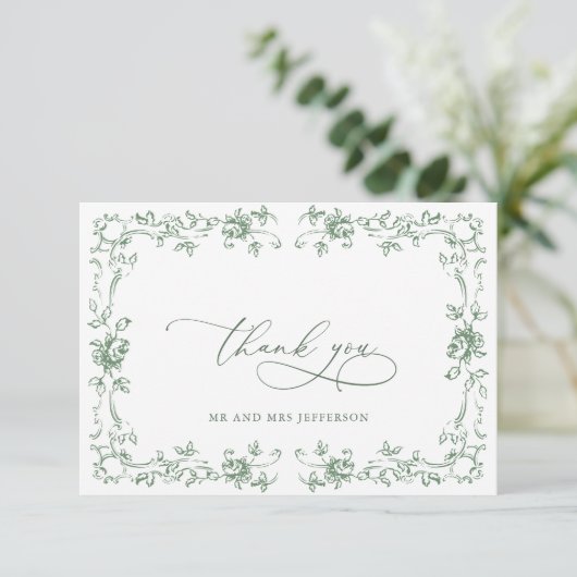 Renaissance  Floral Sage Green Wedding Bedankkaart (Staand voorkant)