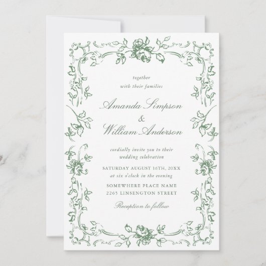 Renaissance  Floral Sage Green Wedding Kaart (Voorkant)