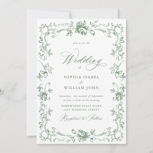 Renaissance  Floral Sage Green Wedding Kaart (Voorkant)