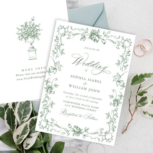 Renaissance  Floral Sage Green Wedding Kaart