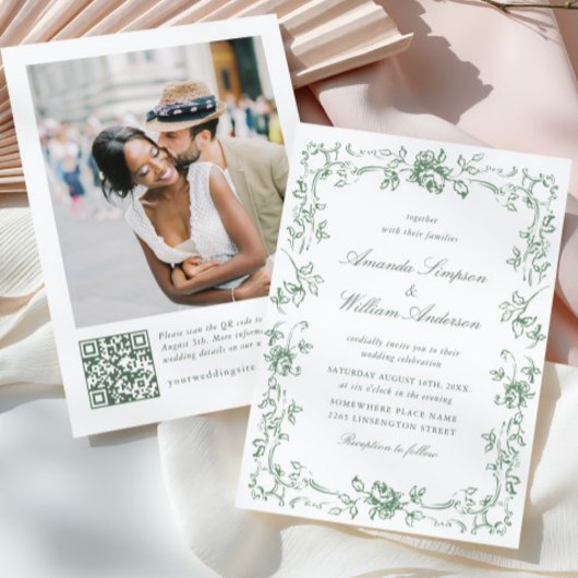 Renaissance  Floral Sage Green Wedding Kaart
