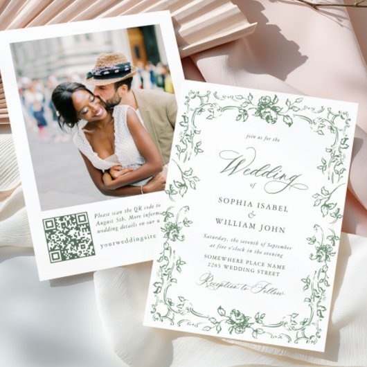 Renaissance  Floral Sage Green Wedding Kaart