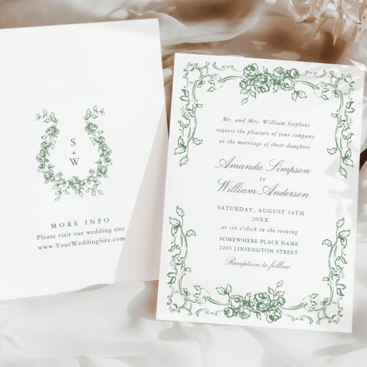 Renaissance  Floral Sage Green Wedding Kaart