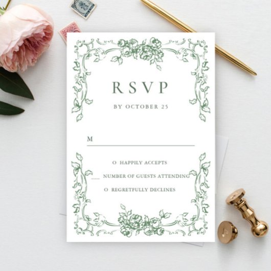 Renaissance  Floral Sage Green Wedding RSVP Kaartje