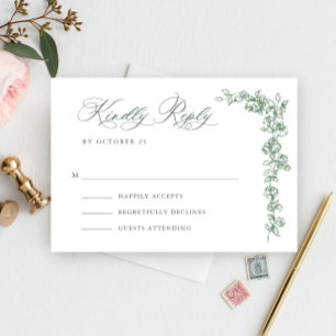 Renaissance  Floral Sage Green Wedding RSVP Kaartje