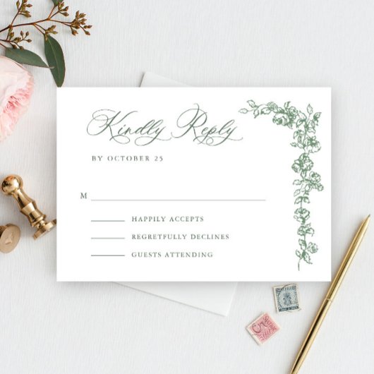 Renaissance  Floral Sage Green Wedding RSVP Kaartje