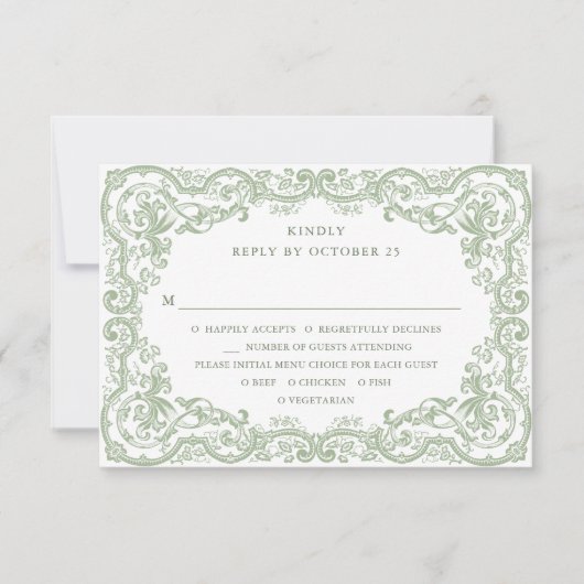 Renaissance  Floral Sage Green Wedding RSVP Kaartje (Voorkant)