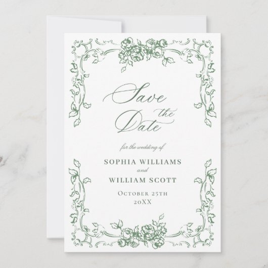 Renaissance  Floral Sage Green Wedding Save The Date (Voorkant)