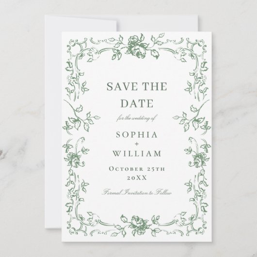 Renaissance  Floral Sage Green Wedding Save The Date (Voorkant)