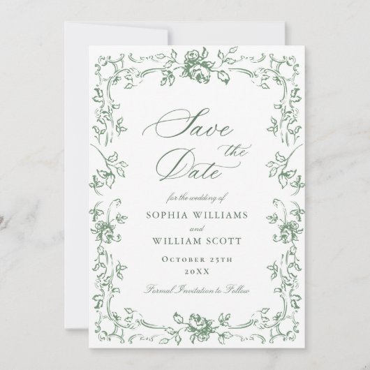 Renaissance  Floral Sage Green Wedding Save The Date (Voorkant)