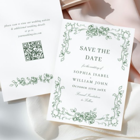 Renaissance  Floral Sage Green Wedding Save The Date