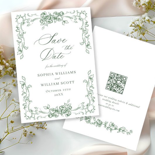 Renaissance Floral Sage Green Wedding Save The Date