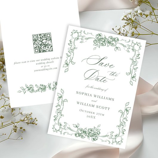 Renaissance Floral Sage Green Wedding Save The Date