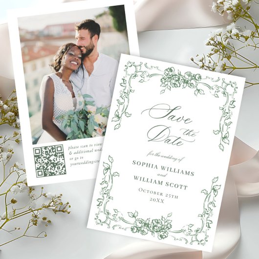 Renaissance  Floral Sage Green Wedding Save The Date