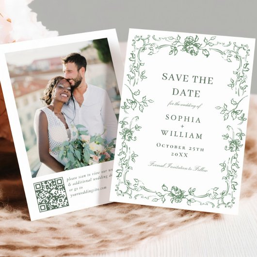 Renaissance  Floral Sage Green Wedding Save The Date