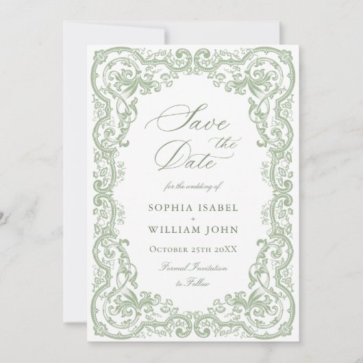 Renaissance  Floral Sage Green Wedding Save The Date (Voorkant)