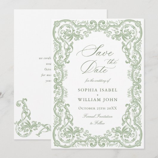 Renaissance  Floral Sage Green Wedding Save The Date (Voorkant / Achterkant)