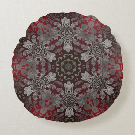 renaissance gothic metallic red en zwarte mandala rond kussen (Voorkant)