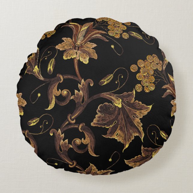 Renaissance Gouden Bloemen Borduurpatroon Rond Kussen (Voorkant)