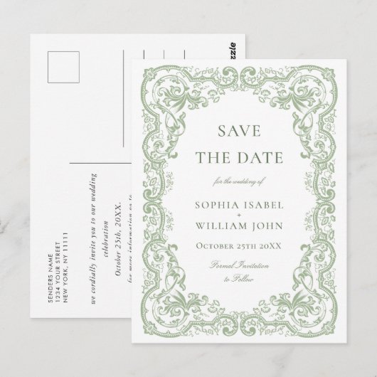 Renaissance groene bruiloft Save the Date Briefkaart (Voorkant / Achterkant)