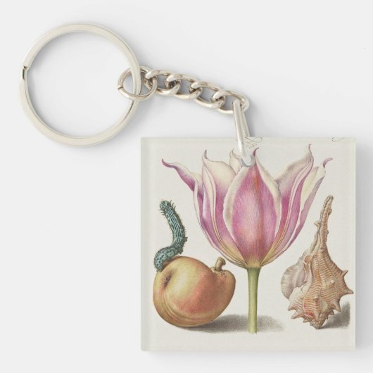 Renaissance kalligrafiekunst Roze Tulp en Peer Sleutelhanger (Voorkant)