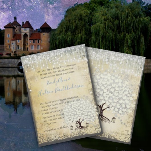 Renaissance Medieval Blue Heart Leaf Tree Wedding Kaart