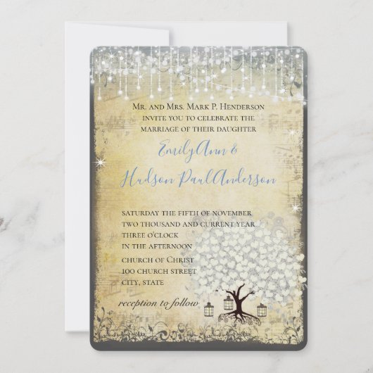 Renaissance Medieval Blue Heart Leaf Tree Wedding Kaart (Voorkant)