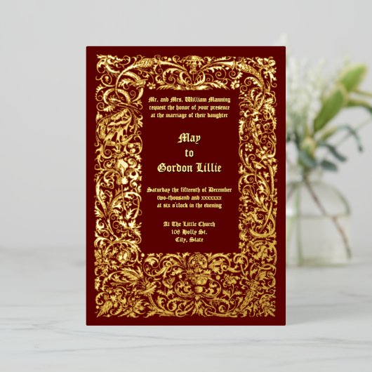 Renaissance middeleeuwse gebladerte grens bruiloft folie uitnodiging (Staand Voorkant)