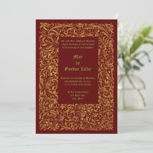 Renaissance middeleeuwse gebladerte grens bruiloft kaart (Staand voorkant)